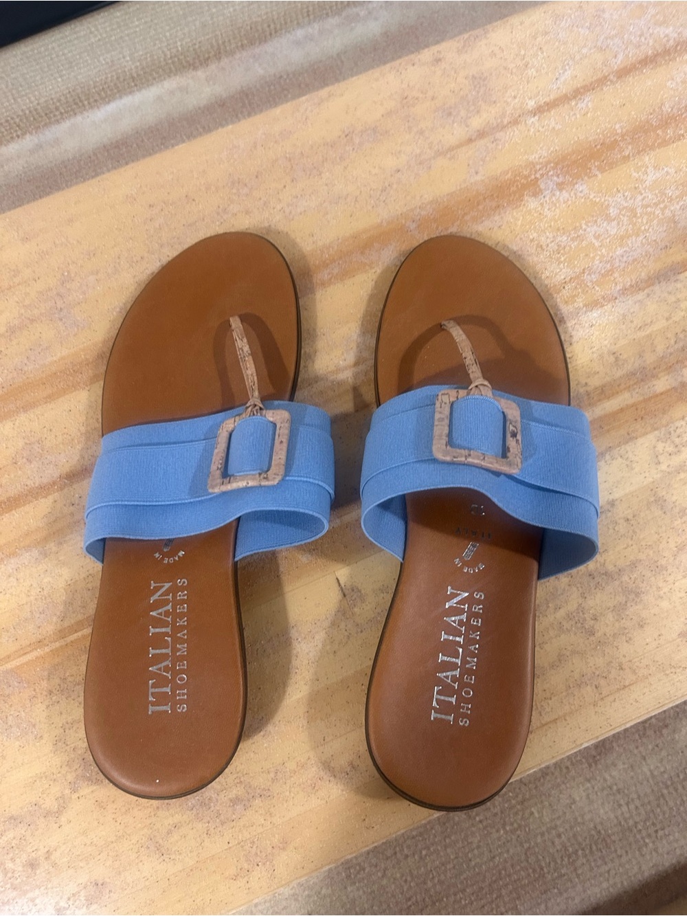 Italian Shoemakers Light Blue Slide Sandals with Tan Footbed